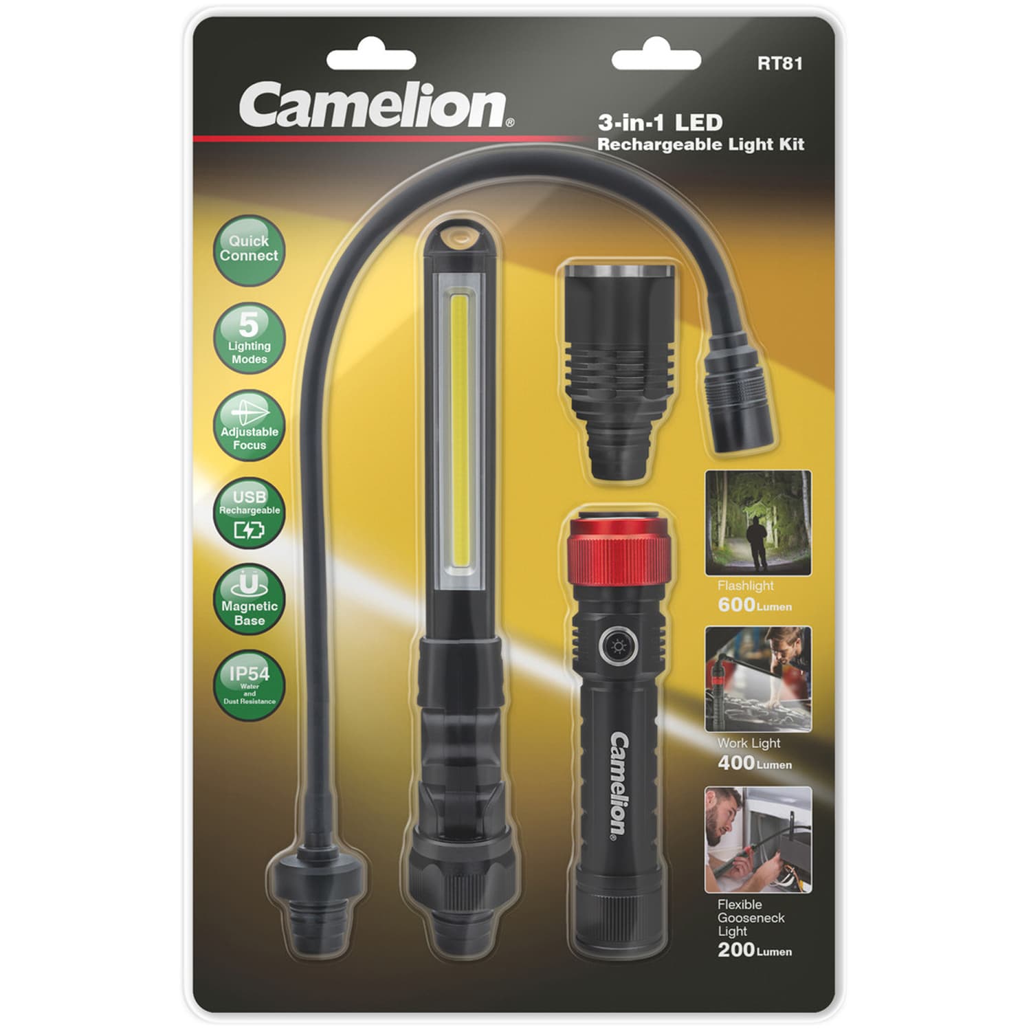 Ensemble de lampe de poche LED 3 en 1, rechargeable avec batterie et câble de charge USB