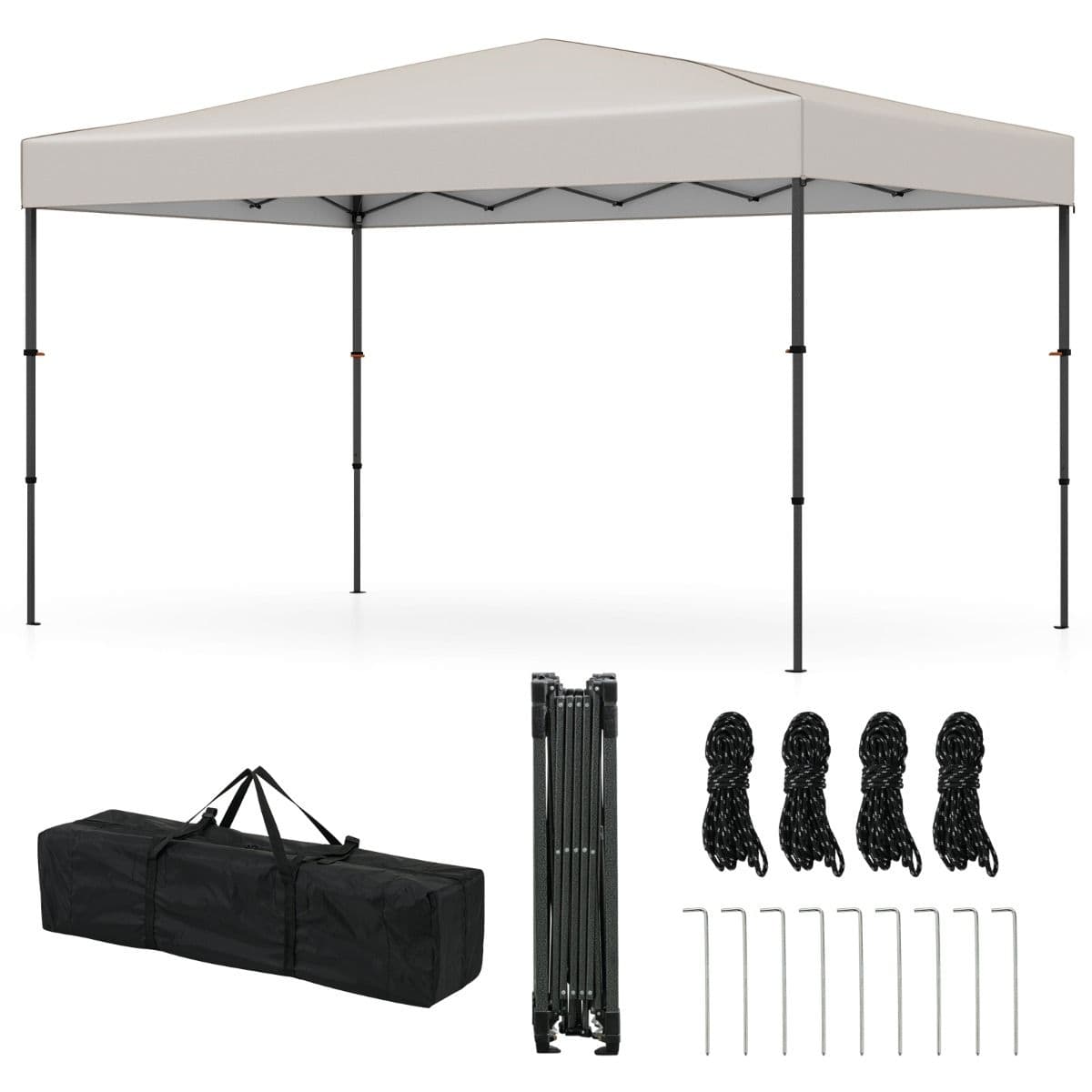 CostwayTonnelle de Jardin 365 X 225CM Tente Pliable Portable avec Sac de Transport 9 Piquets 4 Cordes de Vent Tente de Gazebo Extérieur Beige