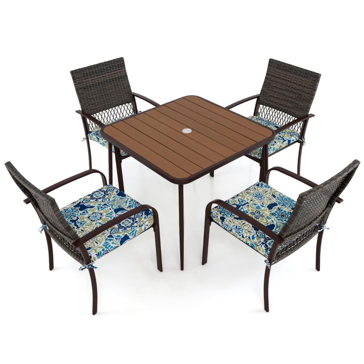 CostwayEnsemble de Meubles de Patio 5 Pièces Salon de Jardin 4 Fauteuils en Rotin avec Coussins et Table Carrée avec Trou pour Parasol