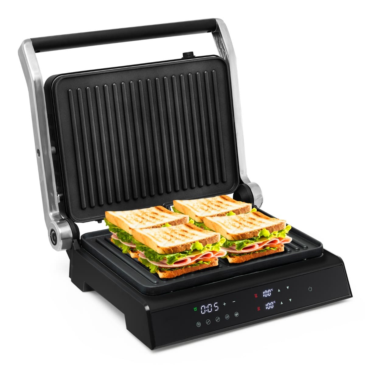CostwayGrill Multifonction Electrique 1800-2000W Tactile Intelligent Ouverture à 180° Minuterie 4H 5 Modes Automatiques Double Plaques