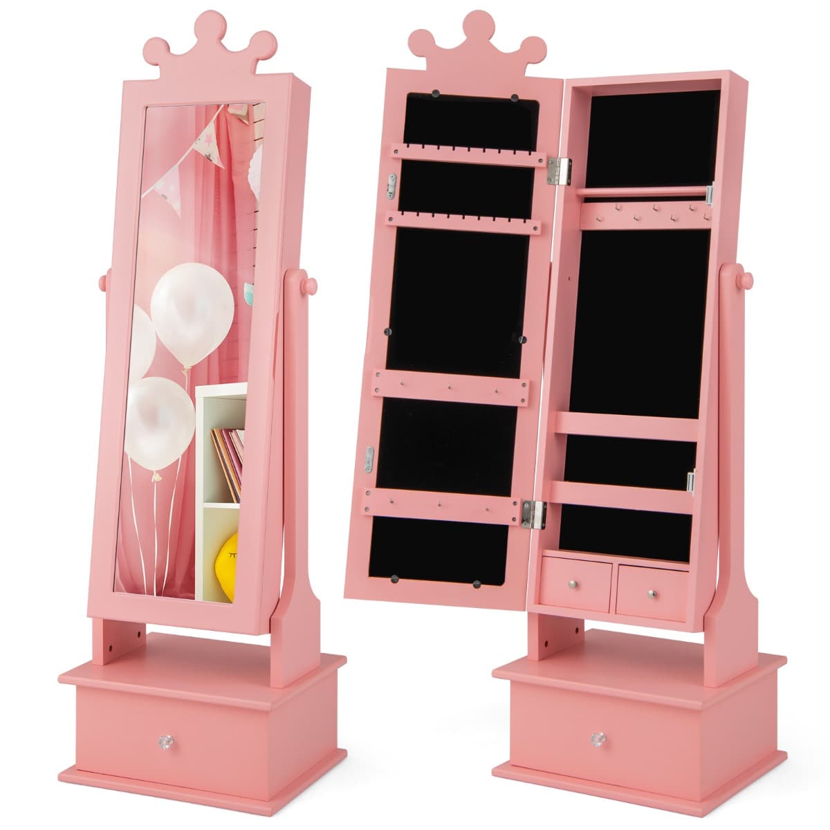 2 en 1 Armoire à Bijoux Enfants avec Miroir Organisateur à Bijoux en Forme Couronne avec 3 Tiroirs p
