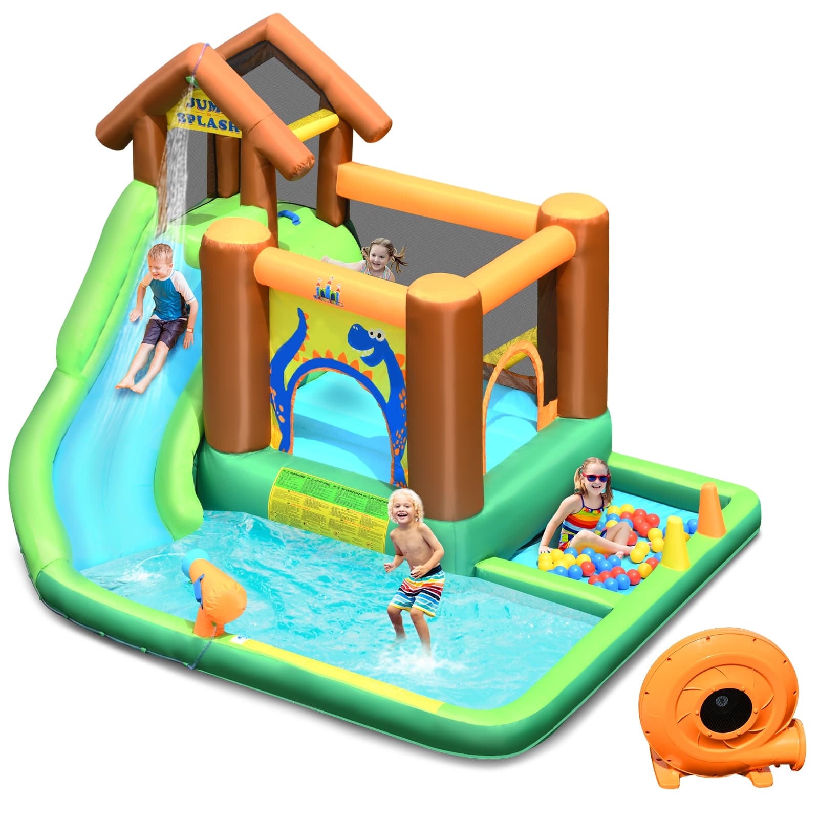 CostwayAire de Jeux Château Gonflable Enfant avec Souffleur 610W Pataugeoire Mur d'Escalade Canon à Eau Trampoline Intégré Balles Colorées