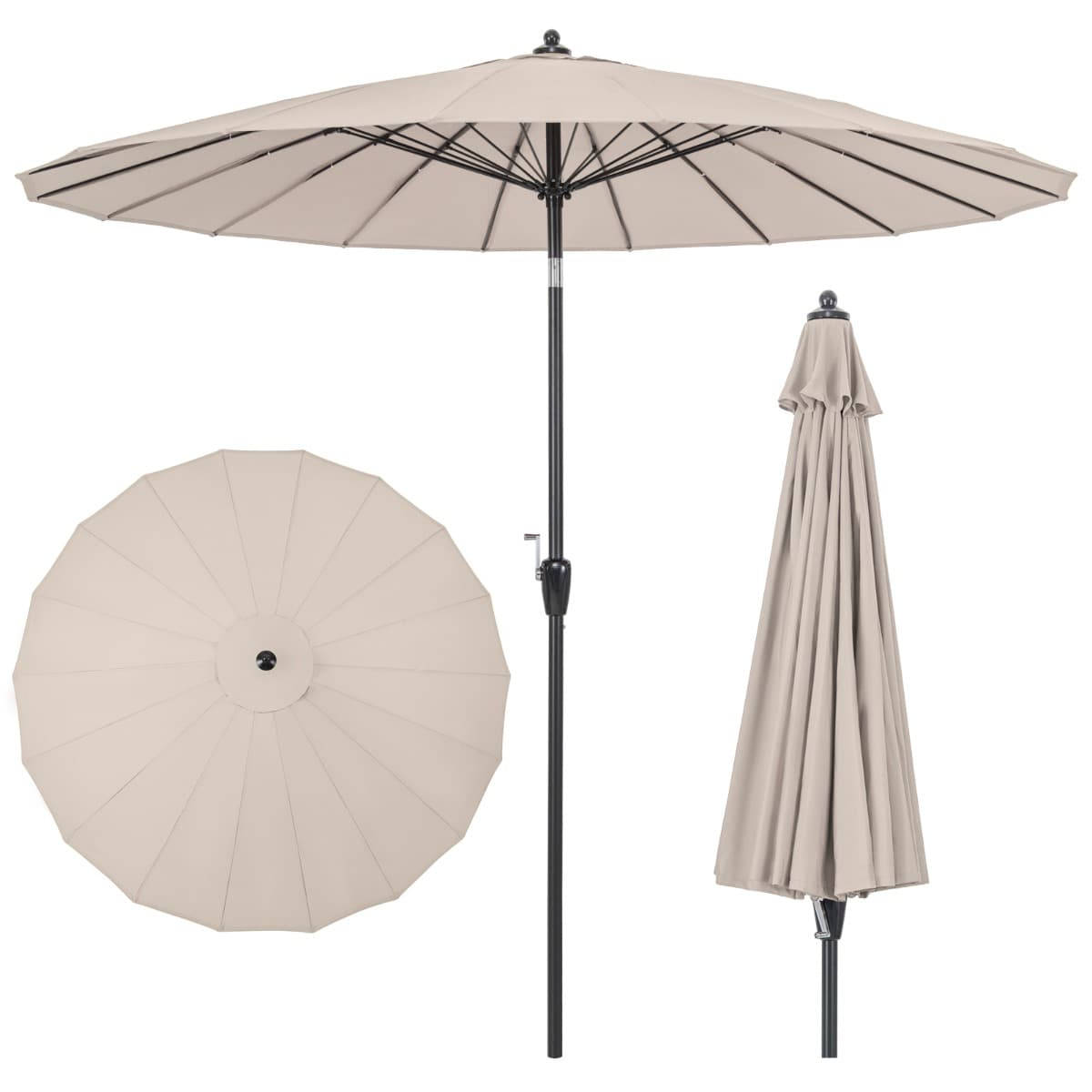 CostwayParasol de Terrasse Rond de 265 Cm Parasol avec 18 Baleines en Fibre de Verre Inclinaison à Bouton-poussoir Manivelle Toile Résistante Beige