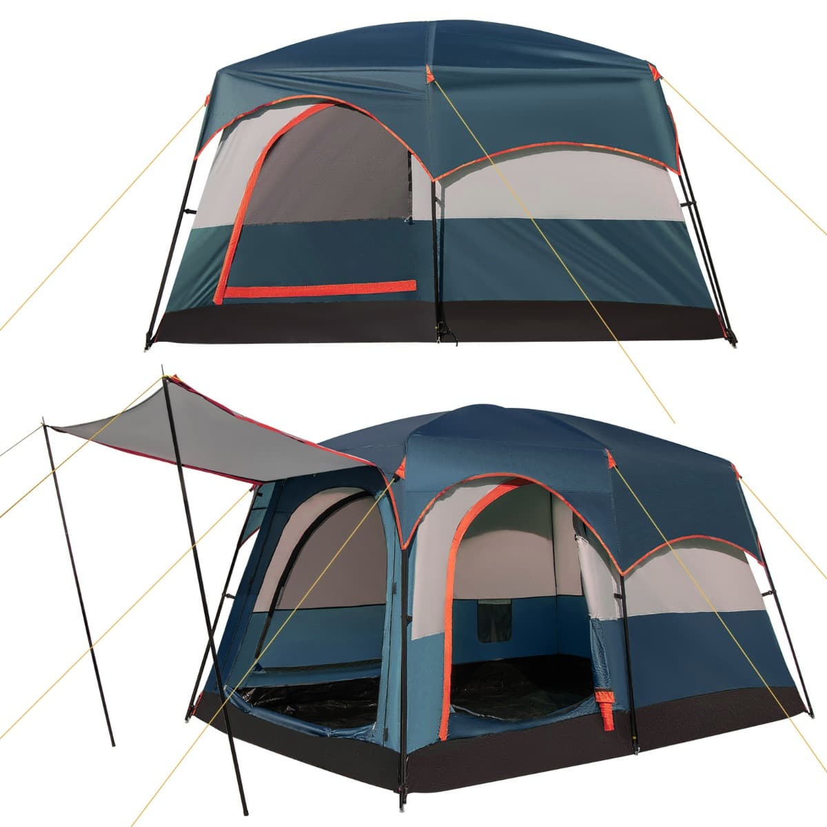 CostwayTente de Camping pour 6 Personnes avec 2 Pièces Tente Double Couchage Double Toit Bâche en Pe Fenêtres en Maille Imperméable Coupe-vent Bleu