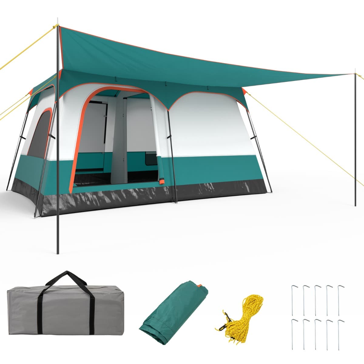 CostwayTente de Camping pour 8 Personnes avec Auvent Grande Tente Familiale avec 2 Chambres 2 Portes 2 Fenêtres en Maille Vert