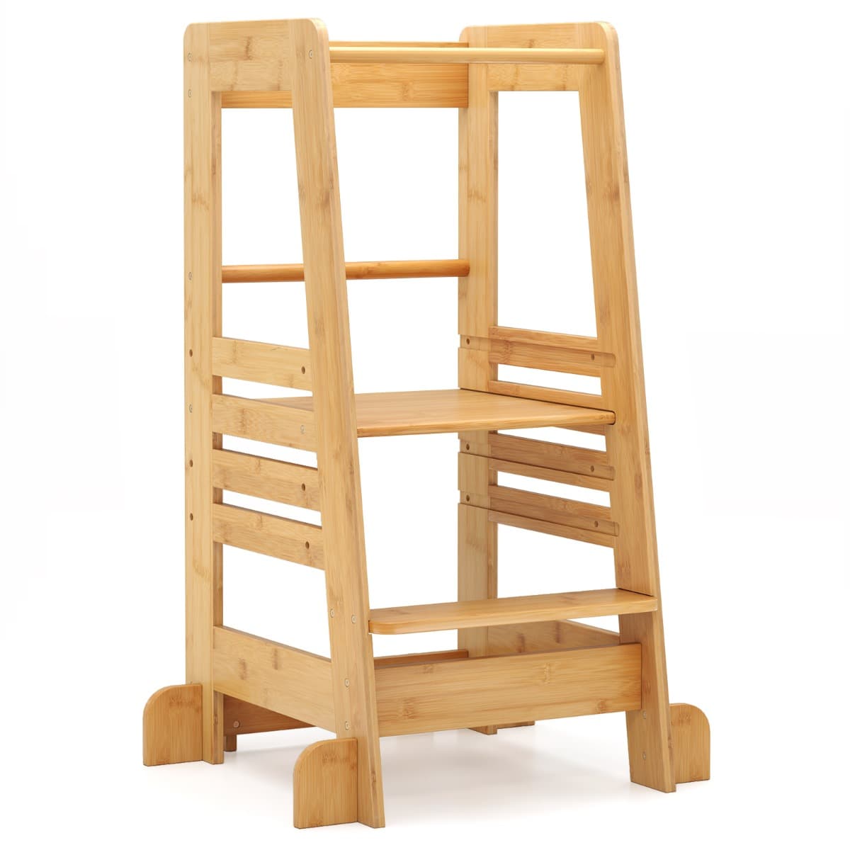 CostwayTour d'Apprentissage pour Tout-Petit Tabouret Escabeau en Bambou pour Enfants avec Hauteur Réglable sur 4 Niveaux pour 18 Mois+ Naturel