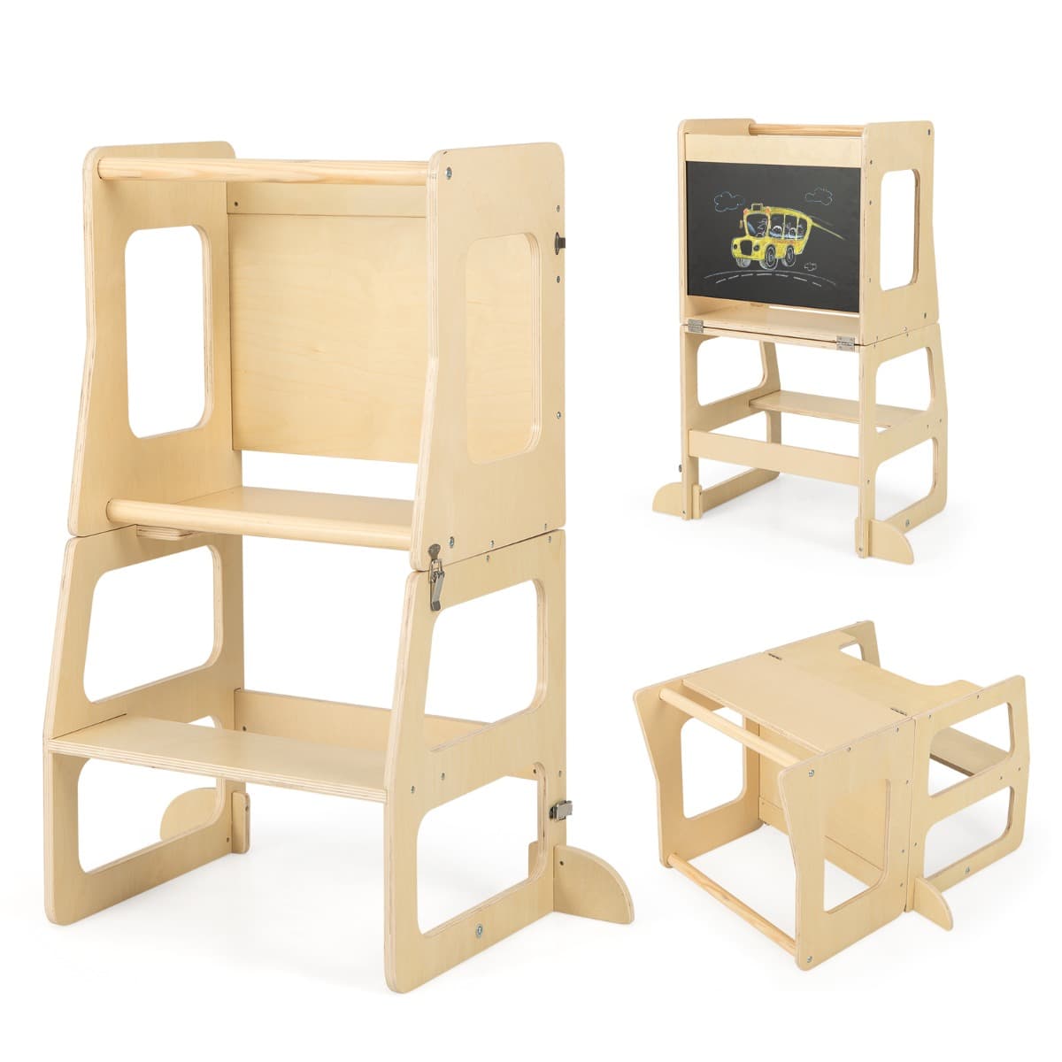 CostwayMarchepied Convertible et Pliable 3 en 1 pour Enfants Escabeau Montessori avec Tableau Noir Table et Tabouret Rail de Sécurité Naturel