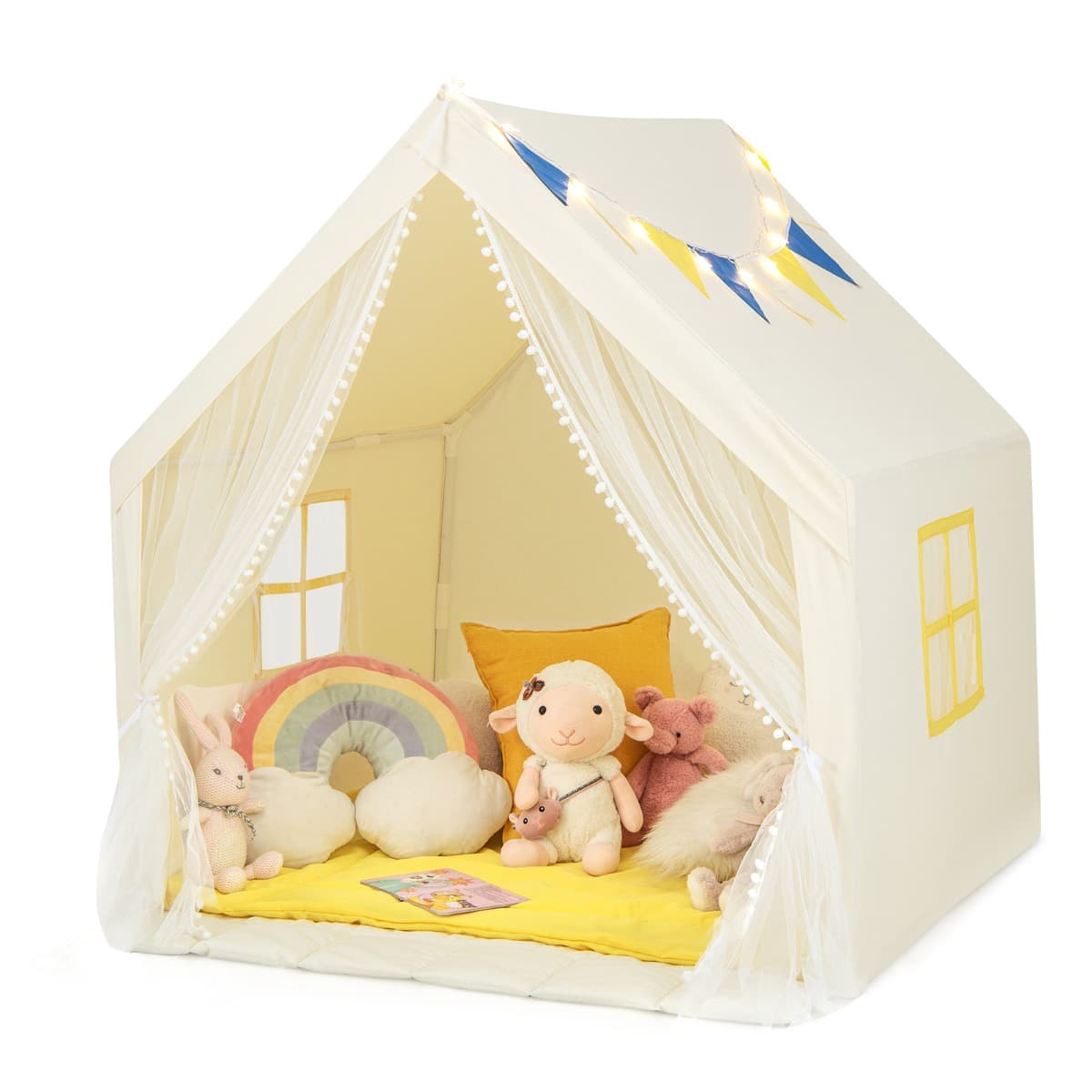 CostwayTente de Jeu Enfants avec Lumières d'Étoiles Tapis en Coton Lavable Cadeau pour Garçons et Filles 122 x 105 x 125 CM Beige