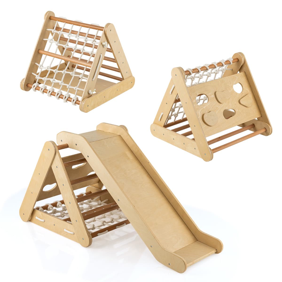 CostwayTriangle d'Escalade en Bois pour Bebe 1+ An 4 en 1 Échelle et Planche d'Escalade avec Filet Charge 50KG Naturel
