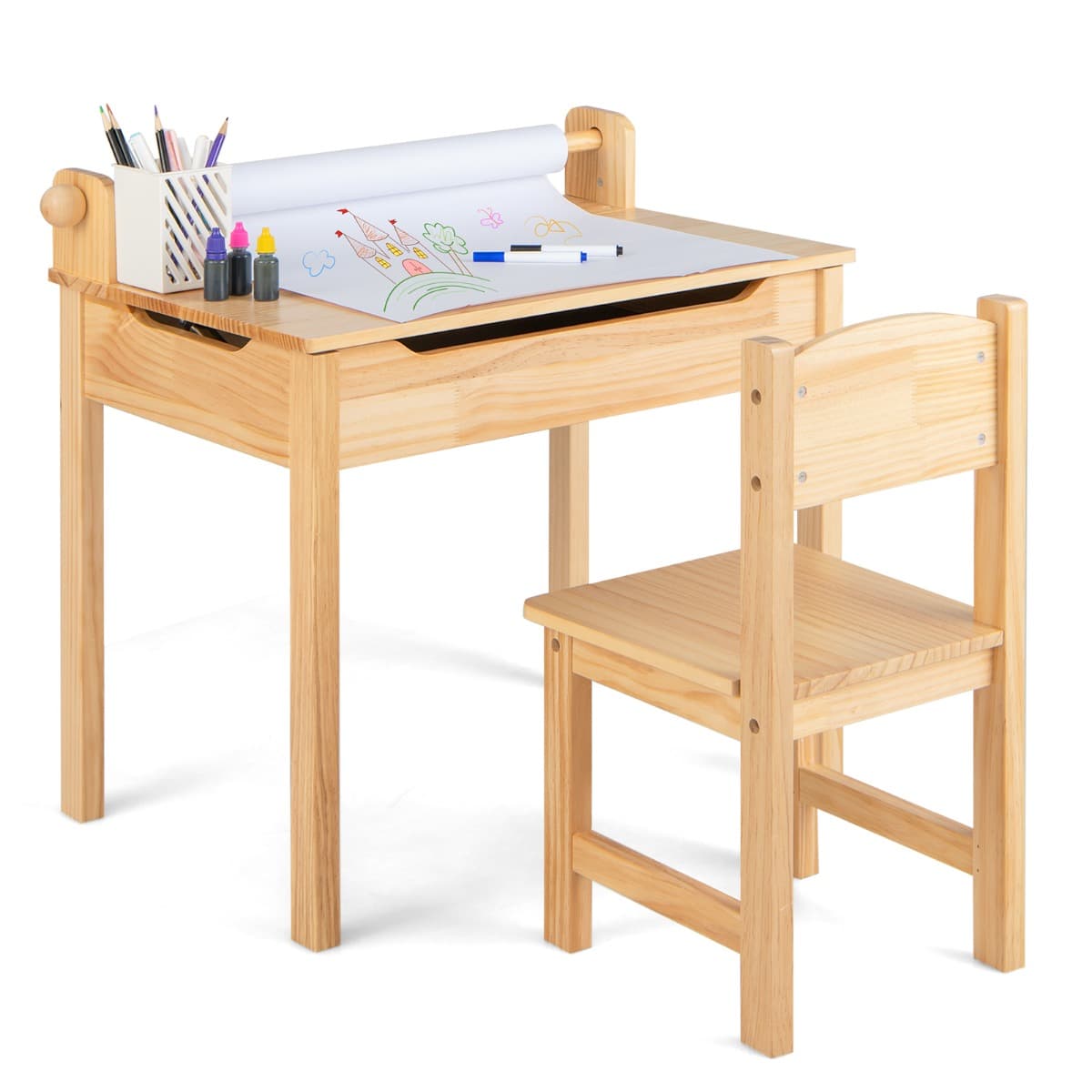 CostwayTable Multi-activités avec Chaise Table D'art et D'artisanat pour Enfants Support de Rouleau de Papier Rangement Rouleau de Papier 2 Marqueurs